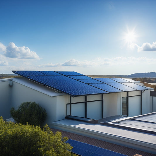 A serene rooftop with three sleek, black solar panels angled at 30 degrees, surrounded by neatly trimmed roof tiles, amidst a backdrop of clear blue sky and fluffy white clouds.