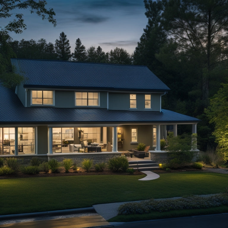 A serene suburban home at dusk with a rooftop solar panel array, a sleek battery backup system visible through a window, and a faint glow of lights inside, surrounded by lush greenery.