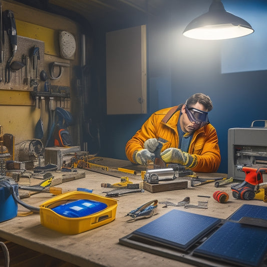 A photograph of a person in a well-lit garage, wearing safety goggles and gloves, surrounded by solar panels, batteries, and tools, with a partially assembled DIY solar battery system on a workbench.
