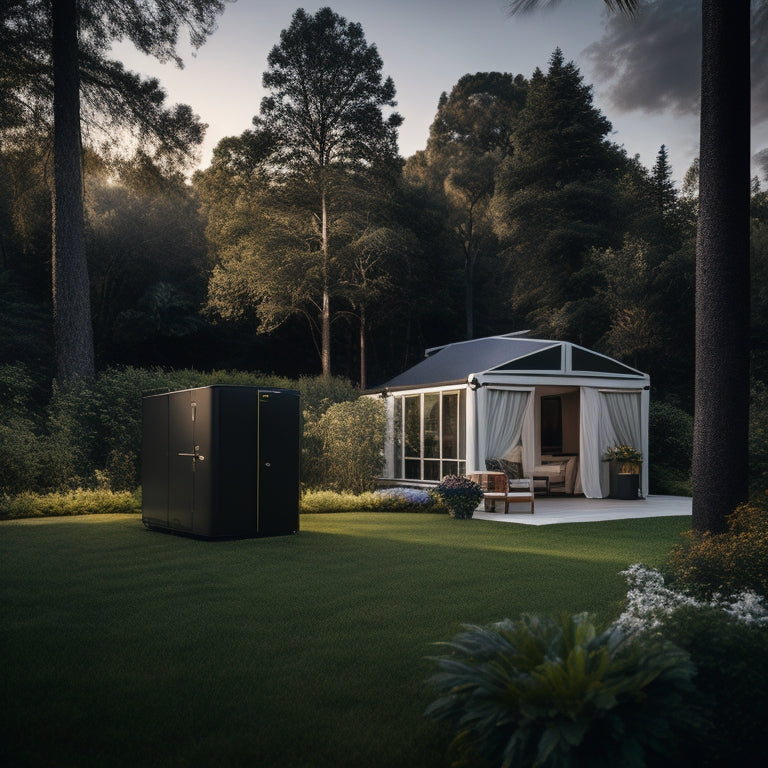 A sleek, modern power generator sits prominently in a spacious backyard, surrounded by lush greenery. Nearby, a large outdoor event with elegant tents and ambient lighting showcases its powerful capabilities in action.