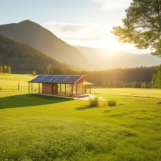 A serene, sun-drenched landscape with a modern, eco-friendly cabin in the distance, surrounded by a lush green meadow, and a sleek, black solar panel array prominently displayed in the foreground.