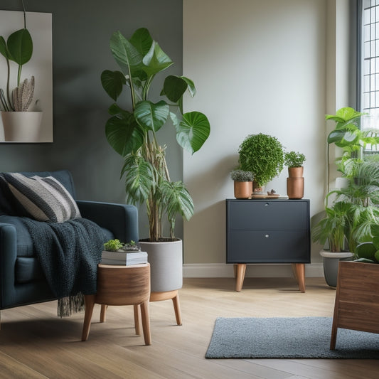 A serene, modern living room with a lush green wall, energy-efficient LED bulbs, and a sleek recycling bin, surrounded by potted plants and a minimalist wooden decor.