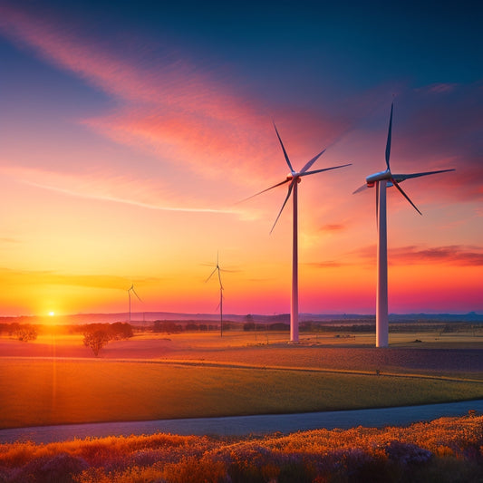 A serene landscape featuring solar panels and wind turbines under a vibrant sunset, with a sleek, futuristic lithium-ion battery system integrated into the environment, showcasing energy flow through glowing connections and nature harmony.