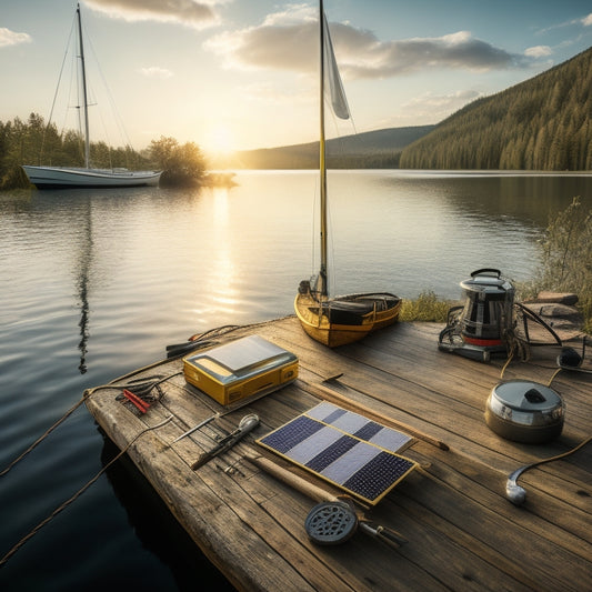 A serene lake scene with a sailboat in the distance, featuring a DIY solar panel array on its deck, surrounded by tools and energy-efficient components, amidst a few scattered marine instruments.