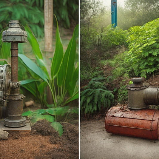 A split-screen image: a dirty, corroded water pump on the left, surrounded by rusty pipes and debris, versus a clean, modern pump on the right, with sleek pipes and a green, thriving plant nearby.