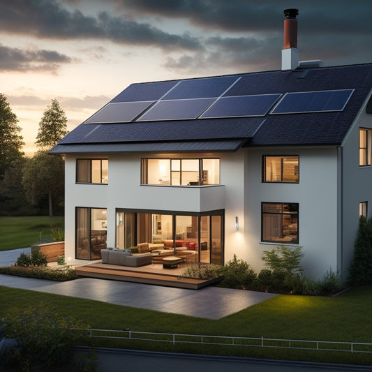 An illustration of a modern, two-story house with solar panels on the roof, a sleek battery backup system visible through a window, and a green, illuminated power meter on the side of the house.