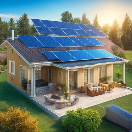 An illustration of a residential home with a rooftop solar panel array, a battery bank, and a sleek inverter unit, connected by wires and cables, surrounded by subtle circuit diagrams.
