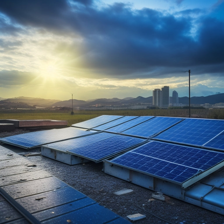 A broken solar panel system with cracked or shattered panels, loose connections, and rusty mounting hardware, set against a cloudy or stormy sky with a subtle hint of a cityscape in the background.