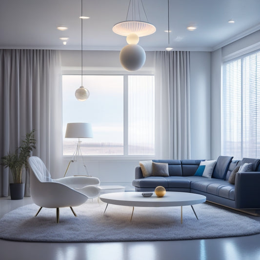 A minimalist, modern living room with a large, glow-in-dark, 3D-printed scale model of the Solar System suspended from the ceiling, surrounded by sleek, futuristic furniture and subtle planetary-inspired accents.