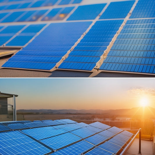 A split-screen image: a solar panel array on a rooftop on one side, and a close-up of a single battery with a price tag and a background of currency notes on the other.