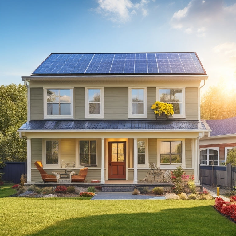 A sunny suburban house with a mix of installed and partially installed solar panels on the roof, tools scattered around, and a ladder leaning against the side.
