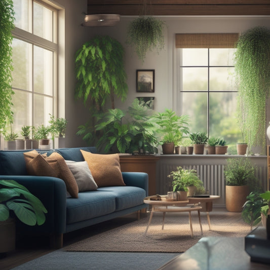 An illustration of a cozy living room with a wall-mounted battery system, solar panels visible through a window, and a few green plants, conveying a sense of eco-friendliness and comfort.