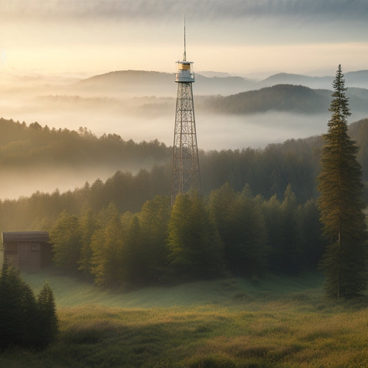 A serene, misty dawn landscape featuring a solitary, tall telecom tower standing amidst a lush, verdant forest, surrounded by rolling hills and a few scattered, rustic cabins.