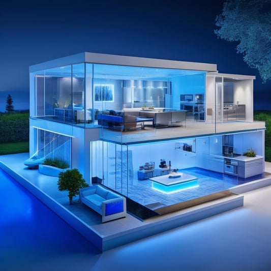 A split-level illustration of a modern home with transparent walls, showcasing internal systems: ductwork, insulation, windows, and appliances, with glowing blue lines highlighting energy flows and inefficiencies.