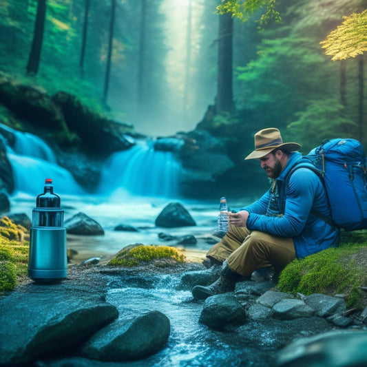 A serene forest setting with a flowing mountain stream, a hiker using a portable water filter, various water treatment gear like UV purifiers, and a clear, pristine water bottle beside a campfire.