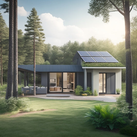 A serene, modern home surrounded by lush greenery, with solar panels on the roof, a wind turbine in the distance, and a compact, sleek battery storage unit near the front door.