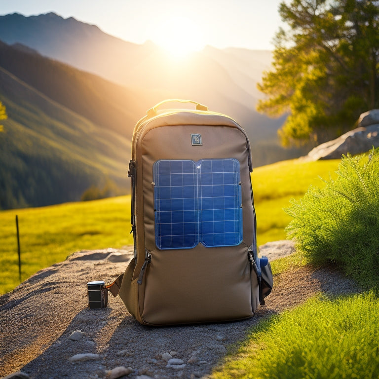 A rugged, waterproof backpack with a built-in solar panel on the top, connected to a sleek, compact battery pack with multiple USB ports, set against a serene, sunny outdoor landscape.