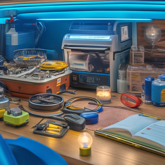 An illustration of an RV interior with a banks of batteries in the background, with a magnifying glass zooming in on a single battery with sparks and circuits visible, surrounded by tools and meters.