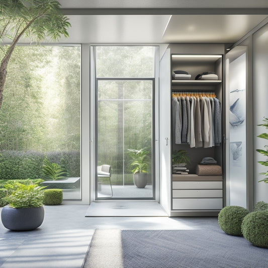 A serene, modern walk-in closet with sleek shelves and rods, illuminated by a large skylight, featuring a subtle, integrated solar panel array on the roof, surrounded by lush greenery.