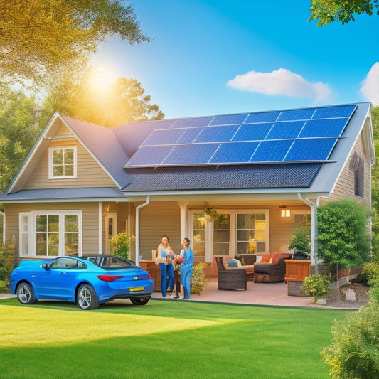 A cozy suburban home with solar panels on the roof, a sleek energy backup system in the garage, and a family discussing energy options outdoors, surrounded by lush greenery and a clear blue sky.