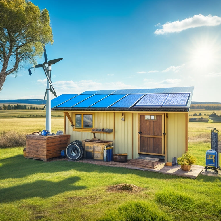 A serene off-grid setting featuring a rustic battery storage shed, surrounded by solar panels and wind turbines, with tools and a maintenance checklist laid out on a wooden workbench, under a clear blue sky.