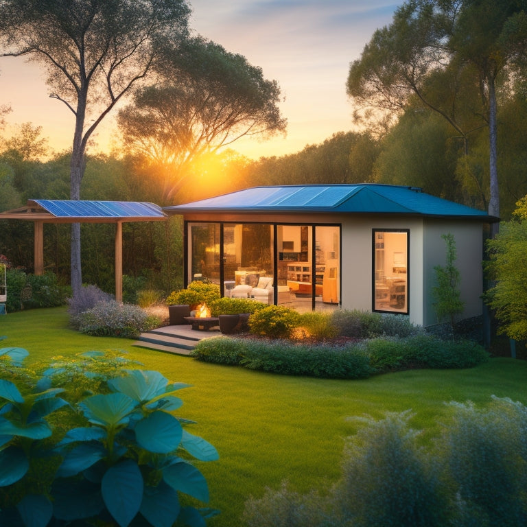 A serene backyard with a modern house, solar panels installed on the roof, and a small shed with a DIY-built inverter and batteries, surrounded by lush greenery and a few solar-powered lanterns.