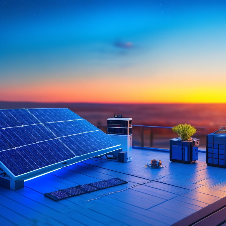 A futuristic, minimalist illustration of a DIY solar system setup: sleek black solar panels on a rooftop, connected to a compact battery bank with glowing blue LED lights, surrounded by circuit boards and wires.