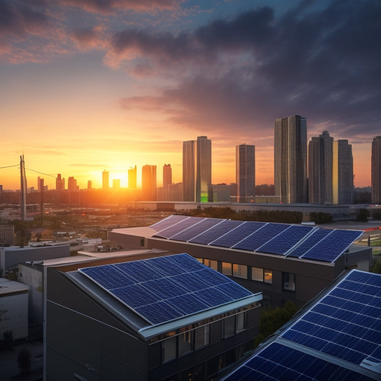 An illustration of a commercial building with solar panels on the roof, a battery backup system in the background, and a cityscape at dusk with a subtle grid of power lines, highlighting a reliable and sustainable energy source.