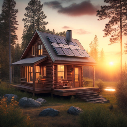 An illustration of a remote off-grid cabin surrounded by trees, with a solar panel array on the roof and a battery bank visible through a window, at sunset with a warm color palette.