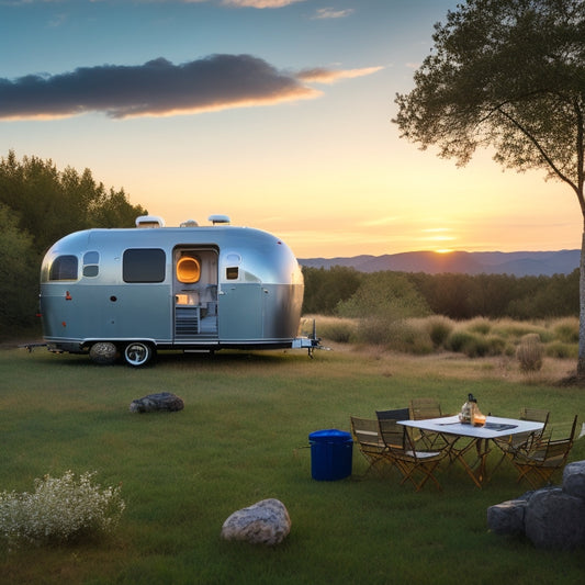 A serene off-grid campsite at dusk: a sleek, silver Airstream trailer surrounded by lush greenery, with a compact solar panel array and a portable wind turbine spinning in the gentle breeze.