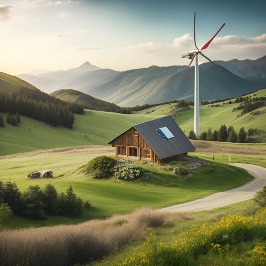 A serene landscape featuring a rustic cabin surrounded by lush greenery, with a winding dirt path, a wind turbine, and solar panels on the roof, set against a backdrop of rolling hills and a distant mountain range.