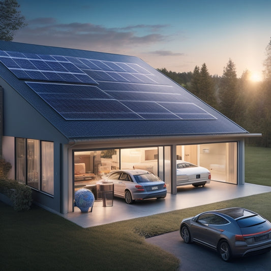 An illustration of a modern home with solar panels on the roof, connected to a sleek battery bank in the garage, with a subtle glow emanating from the batteries, surrounded by circuit diagrams and wires.