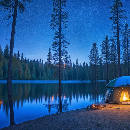 A serene campsite under a starry night sky, featuring a portable solar panel charging devices, surrounded by towering pine trees, a glowing campfire, a tent, and a serene lake reflecting the moonlight.