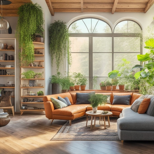 A serene, modern living room with a floor-to-ceiling, curved shelving unit made from reclaimed wood, adorned with potted plants, lit by a large, south-facing window with solar panels on the roof outside.