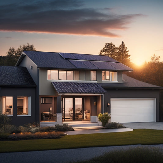 An illustration of a modern home with a solar panel roof, a battery backup system in the garage, and a cityscape in the background with a subtle blackout, highlighting the contrast between reliability and uncertainty.