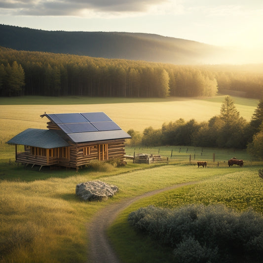 A serene countryside landscape with a small, rustic cabin in the distance, surrounded by rolling hills and a few scattered trees, featuring a prominent off-grid solar panel array on the cabin's rooftop.