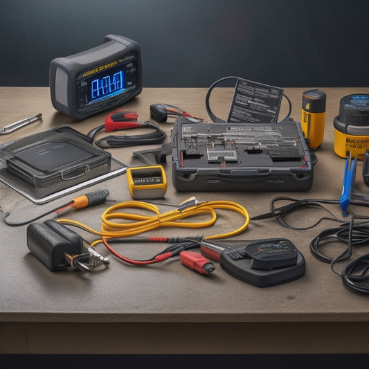 A clutter-free workshop table with a multimeter, battery tester, and various battery types (AA, AAA, D, 9V) arranged neatly alongside a toolbox containing wires, clamps, and a hydrometer.