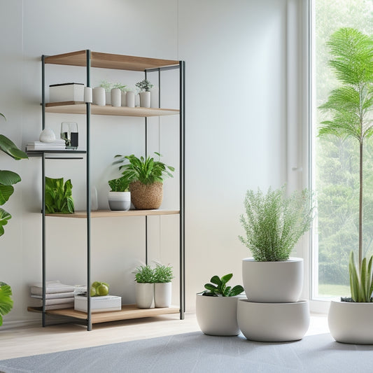 A minimalist, modern shelving unit with built-in solar panels on the top, surrounded by lush greenery, with a few sleek, eco-friendly storage bins and a small potted plant on a shelf.