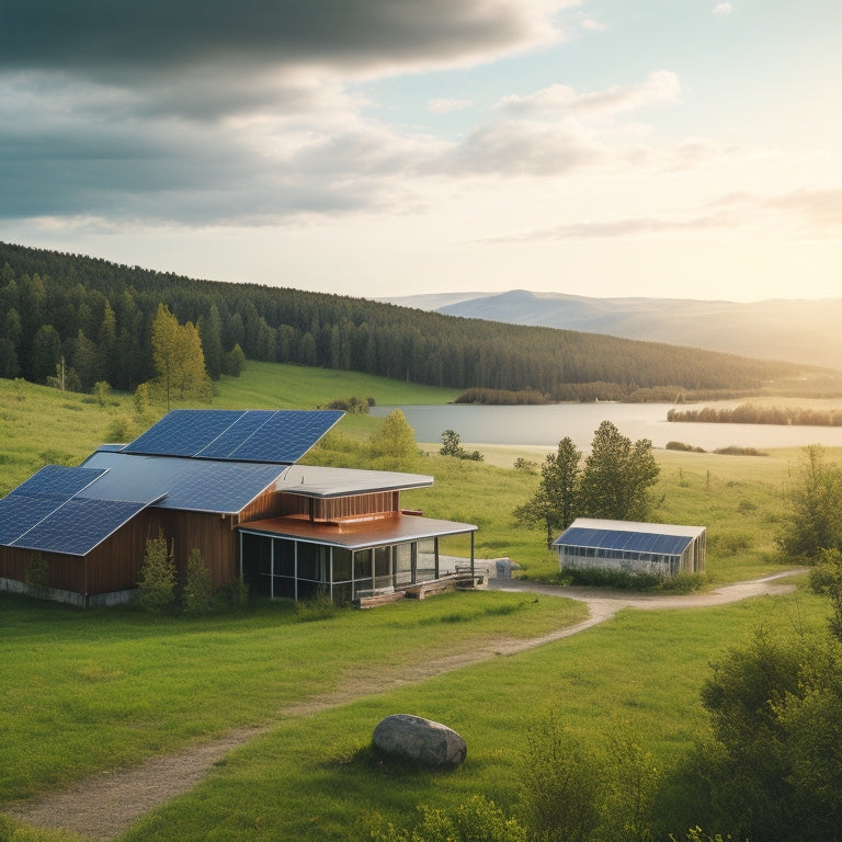 A serene, remote landscape with a modern, sustainable off-grid cabin in the center, surrounded by solar panels, wind turbines, and a battery bank, amidst lush greenery and a cloudy blue sky.