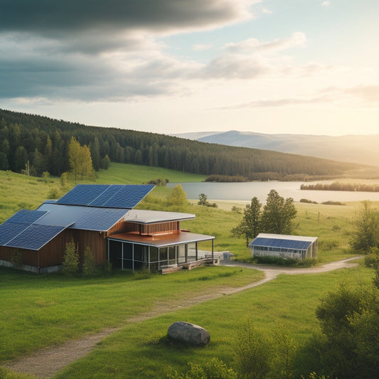 A serene, remote landscape with a modern, sustainable off-grid cabin in the center, surrounded by solar panels, wind turbines, and a battery bank, amidst lush greenery and a cloudy blue sky.