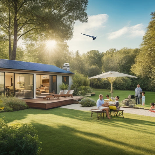 A serene, modern home backyard with a portable energy unit, solar panels, and a wind turbine, surrounded by lush greenery, a hammock, and a happy family playing in the distance.