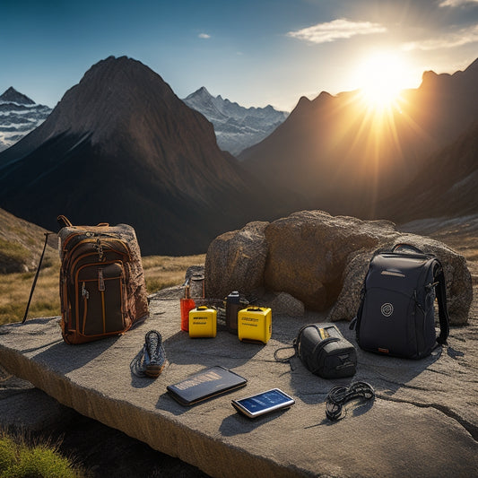 A rugged outdoor scene featuring various solar chargers laid out on a rocky surface, with a stunning mountain backdrop, sunlight glinting off the devices, and a backpack and camping gear nearby.