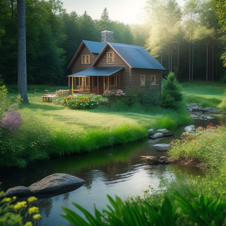 A serene, secluded cabin surrounded by lush greenery and solar panels, with a wind turbine in the distance, and a garden filled with vibrant flowers and a tranquil pond.