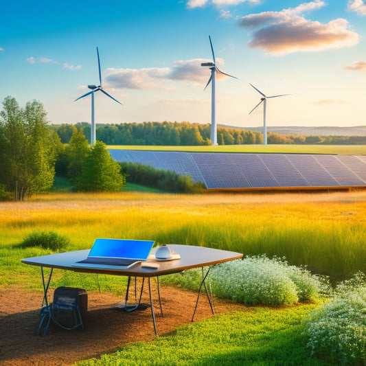 A serene landscape with a wind turbine and solar panels in the background, a laptop and smartphone in the foreground, connected to a small, sleek, modern router, surrounded by lush greenery.