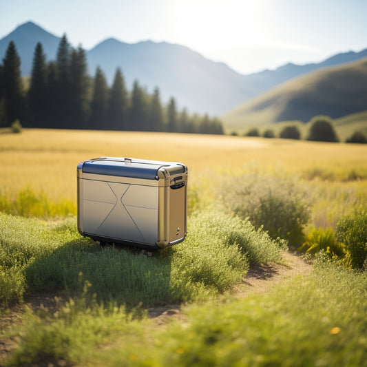 A modern, portable solar power generator with sleek metal casing and foldable solar panels, set against a serene, sunny outdoor backdrop with a few trees and rolling hills.