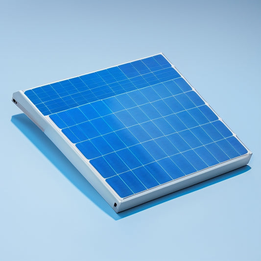 A compact, rectangular solar panel with a small, cylindrical battery attached to its side, set against a clean, white background with a subtle gradient of blue to green hues.
