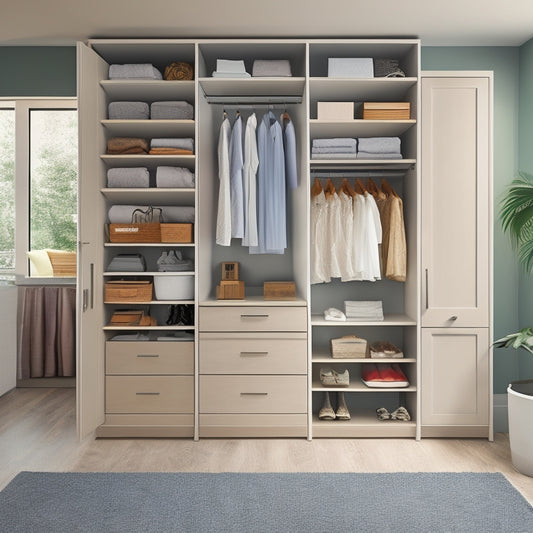 A serene, well-organized closet interior with a sleek, floor-to-ceiling, solar-powered, free-standing storage system featuring sliding drawers, adjustable shelves, and a built-in charging station amidst a calming, light-gray background.