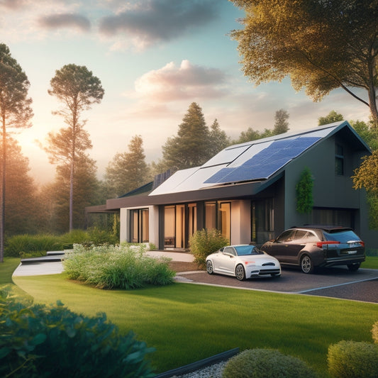 A serene, modern home surrounded by lush greenery, with solar panels on the roof, a wind turbine in the distance, and a sleek, electric vehicle parked in the driveway.