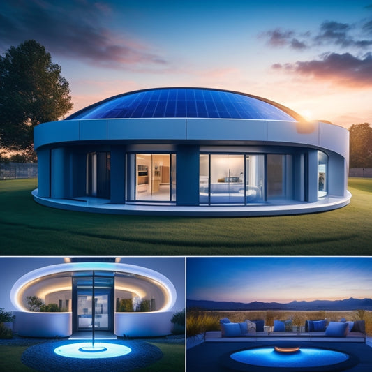 A futuristic home with a sleek, modern exterior, featuring a rooftop solar array, a compact energy storage unit with glowing blue accents, and a smart home hub with circular screens displaying energy usage data.