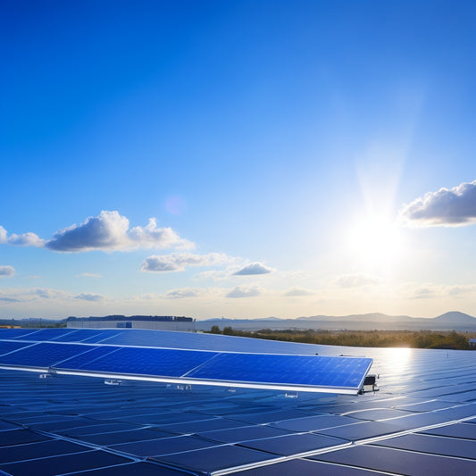 A futuristic, sleek rooftop with silver solar panels angled towards the sun, connected to a modern, compact battery unit with glowing blue LED lights, set against a bright blue sky with fluffy white clouds.